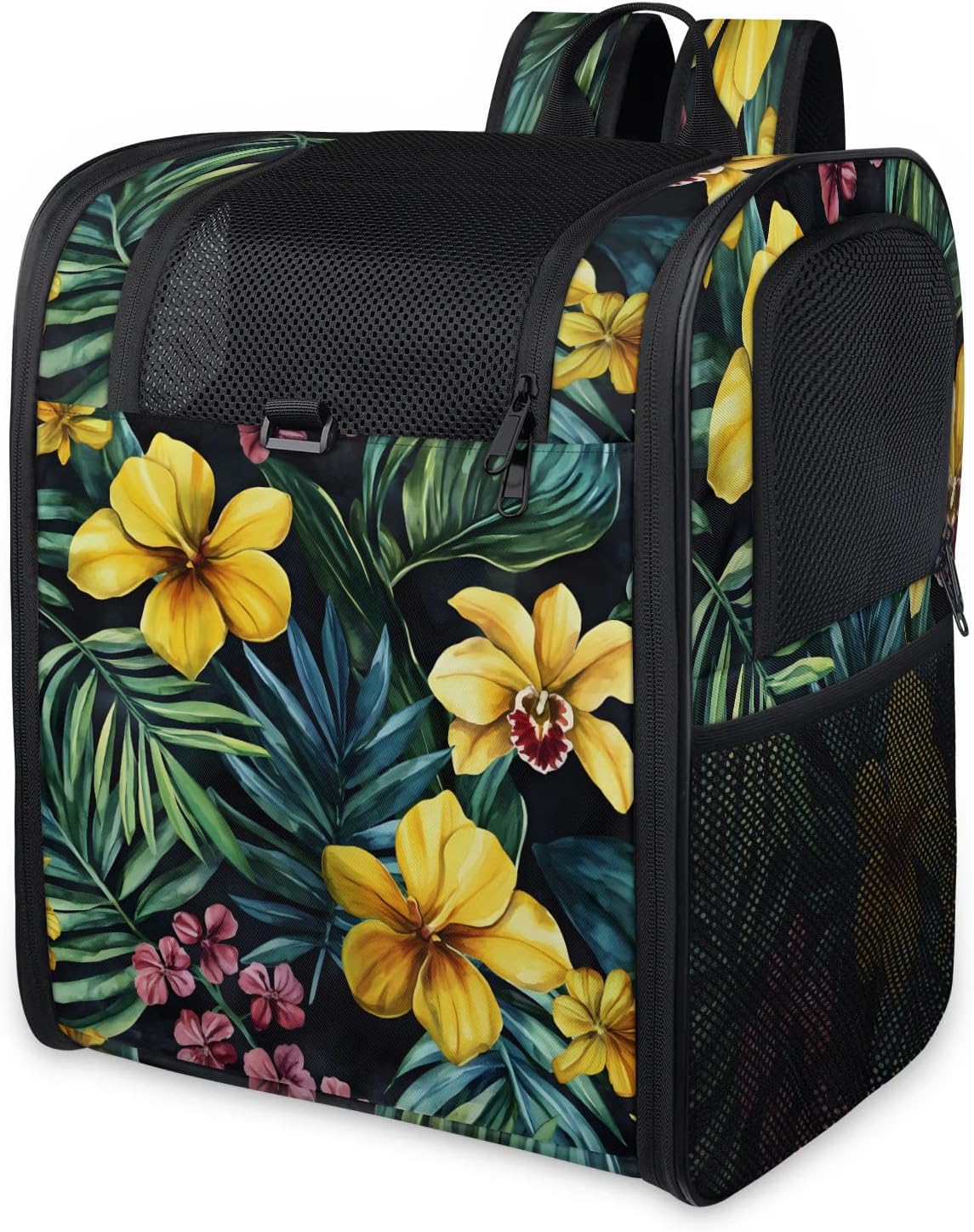 Tropical Floral Yellow Hibiscus Flowers Cat Backpack Carrier Foldable Dog Bag Up to 13 Lb Pets Ventilated Mesh Pet Backpack for Hiking, Travel, Outdoor