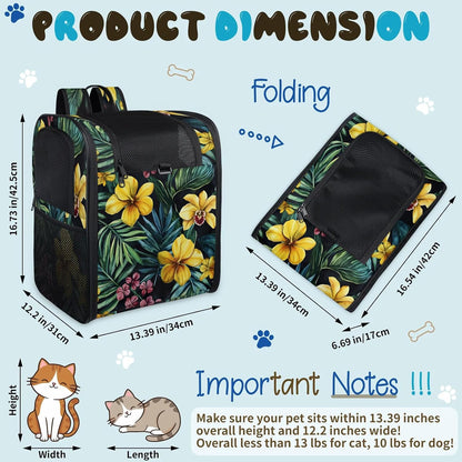 Tropical Floral Yellow Hibiscus Flowers Cat Backpack Carrier Foldable Dog Bag Up to 13 Lb Pets Ventilated Mesh Pet Backpack for Hiking, Travel, Outdoor