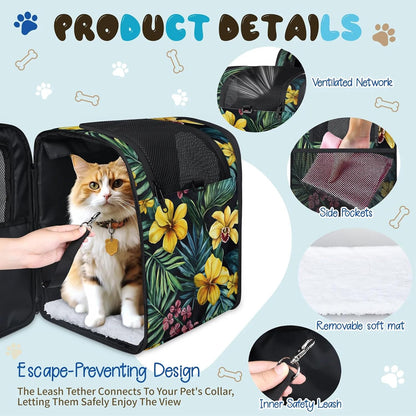 Tropical Floral Yellow Hibiscus Flowers Cat Backpack Carrier Foldable Dog Bag Up to 13 Lb Pets Ventilated Mesh Pet Backpack for Hiking, Travel, Outdoor