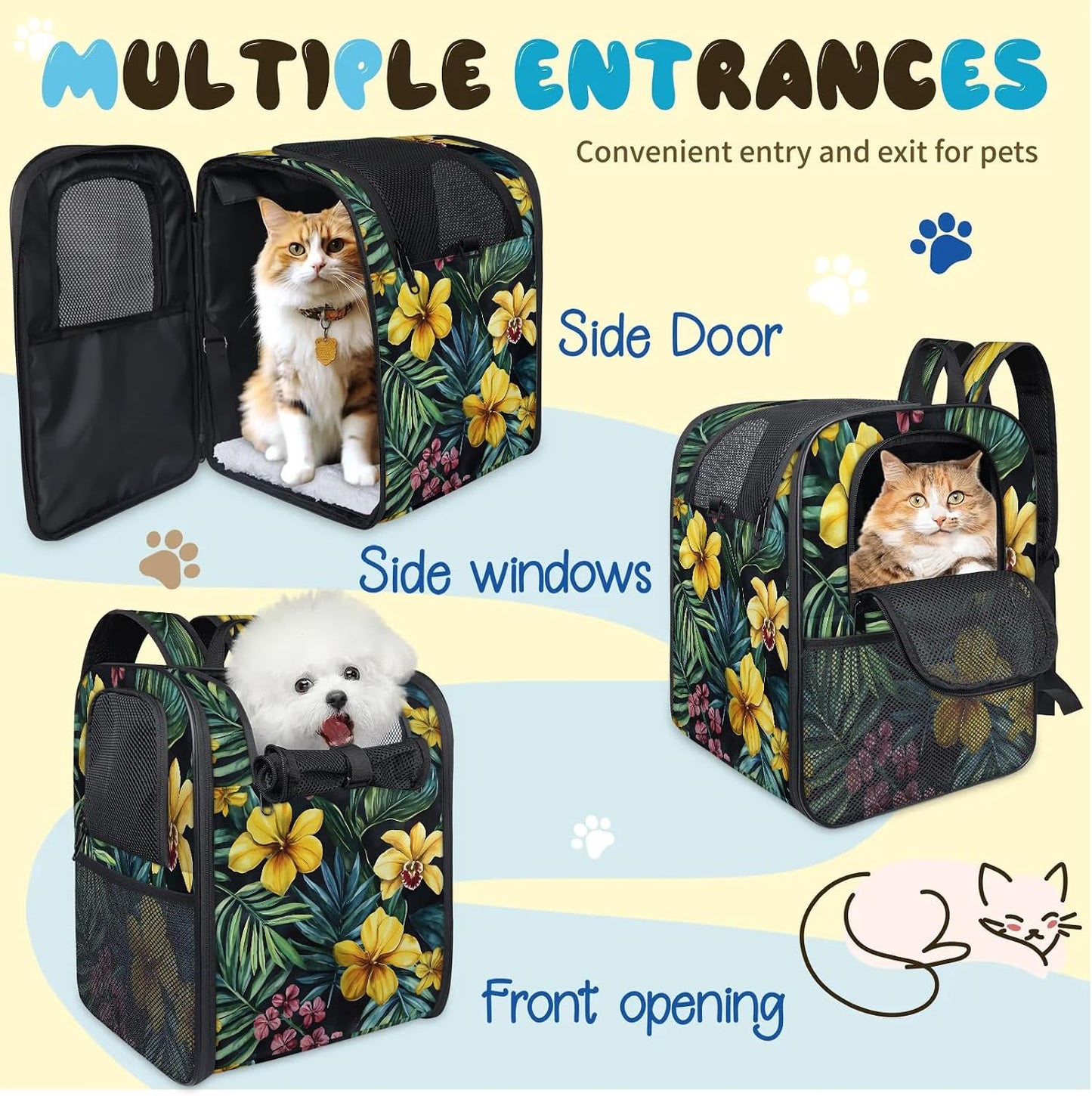 Tropical Floral Yellow Hibiscus Flowers Cat Backpack Carrier Foldable Dog Bag Up to 13 Lb Pets Ventilated Mesh Pet Backpack for Hiking, Travel, Outdoor