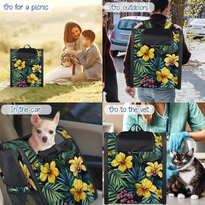 Tropical Floral Yellow Hibiscus Flowers Cat Backpack Carrier Foldable Dog Bag Up to 13 Lb Pets Ventilated Mesh Pet Backpack for Hiking, Travel, Outdoor