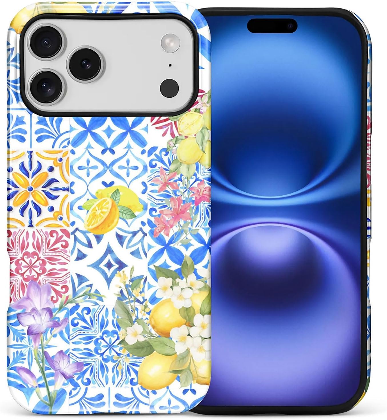 Case Compatible with iPhone 17 Pro,Double Layer Protection, Matte Finish, Anti-Drop and Anti-Fingerprint Armor -Lemon Flower Blue Tile Collage