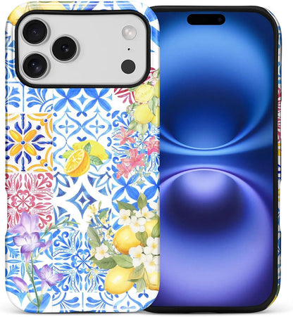 Case Compatible with iPhone 17 Pro,Double Layer Protection, Matte Finish, Anti-Drop and Anti-Fingerprint Armor -Lemon Flower Blue Tile Collage