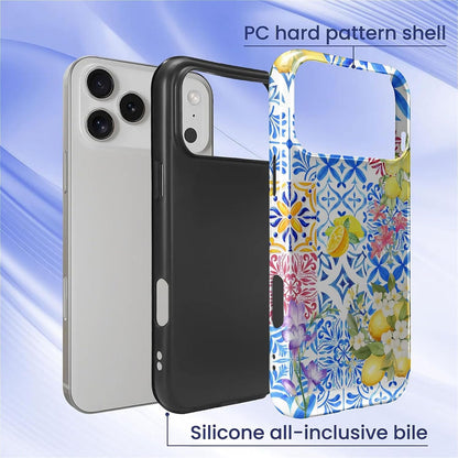 Case Compatible with iPhone 17 Pro,Double Layer Protection, Matte Finish, Anti-Drop and Anti-Fingerprint Armor -Lemon Flower Blue Tile Collage
