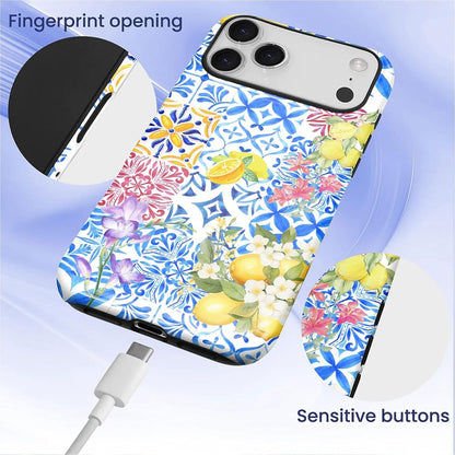 Case Compatible with iPhone 17 Pro,Double Layer Protection, Matte Finish, Anti-Drop and Anti-Fingerprint Armor -Lemon Flower Blue Tile Collage
