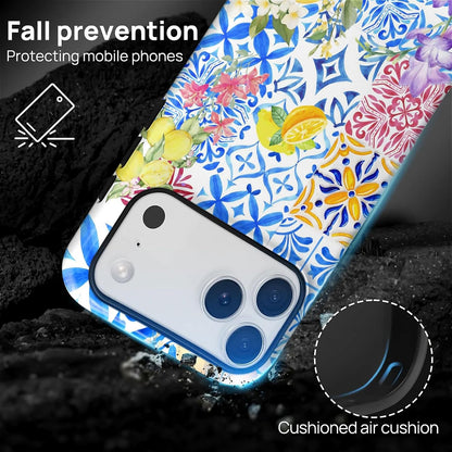 Case Compatible with iPhone 17 Pro,Double Layer Protection, Matte Finish, Anti-Drop and Anti-Fingerprint Armor -Lemon Flower Blue Tile Collage