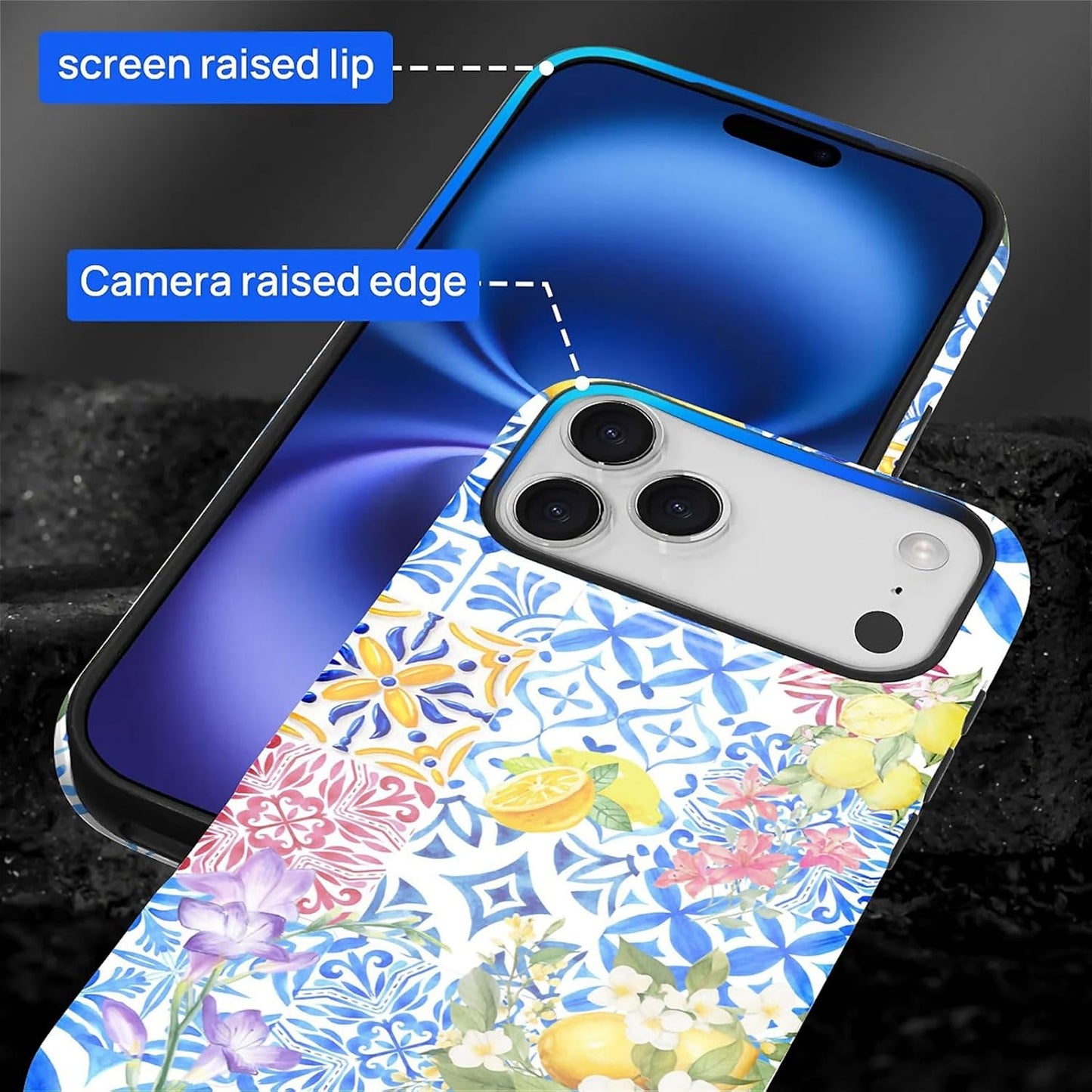 Case Compatible with iPhone 17 Pro,Double Layer Protection, Matte Finish, Anti-Drop and Anti-Fingerprint Armor -Lemon Flower Blue Tile Collage