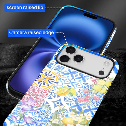 Case Compatible with iPhone 17 Pro,Double Layer Protection, Matte Finish, Anti-Drop and Anti-Fingerprint Armor -Lemon Flower Blue Tile Collage