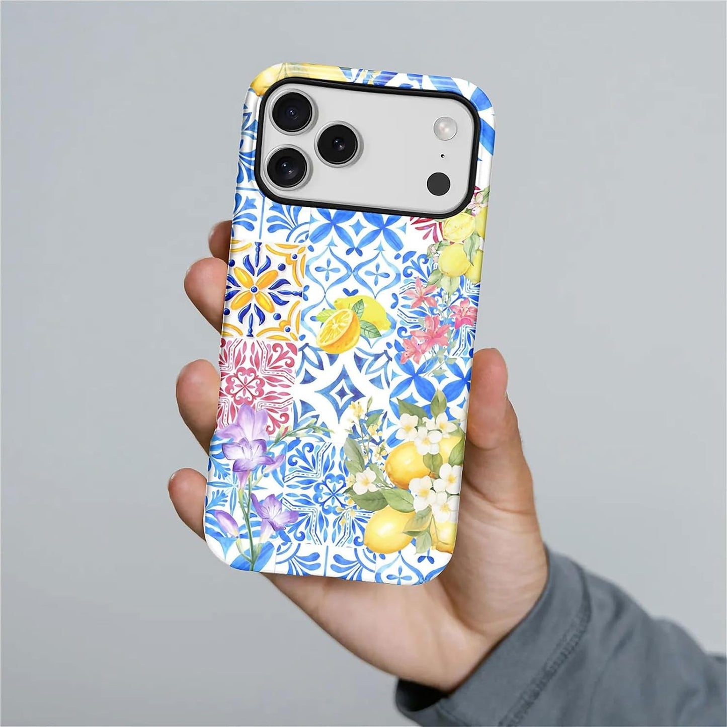 Case Compatible with iPhone 17 Pro,Double Layer Protection, Matte Finish, Anti-Drop and Anti-Fingerprint Armor -Lemon Flower Blue Tile Collage