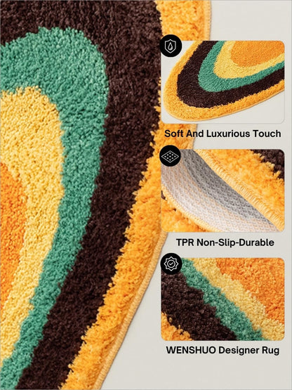 Ripple Oval Rug - Retro Yellow Area Rug,Microfiber Absorbent Non-Slip Throw Rug,TPR Non-Slip Bottom, （47.3" L × 17.72" W）