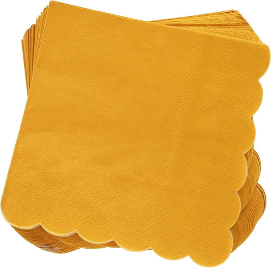 Mustard Yellow Cocktail Napkins - 5 x 5 In, 2-Ply & 100 Pack - Scalloped Edges, Absorbent Disposable Paper Napkins for Parties & Gatherings
