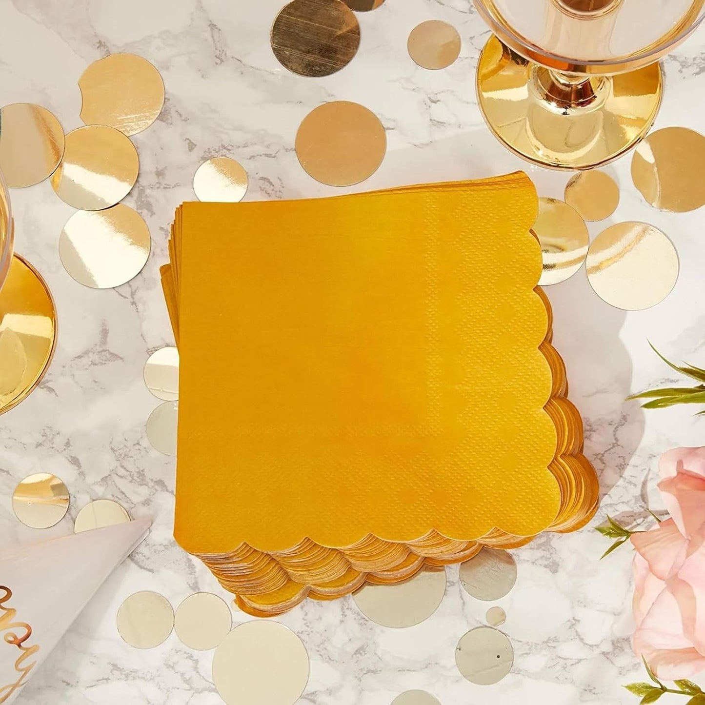 Mustard Yellow Cocktail Napkins - 5 x 5 In, 2-Ply & 100 Pack - Scalloped Edges, Absorbent Disposable Paper Napkins for Parties & Gatherings