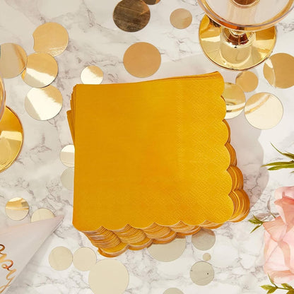 Mustard Yellow Cocktail Napkins - 5 x 5 In, 2-Ply & 100 Pack - Scalloped Edges, Absorbent Disposable Paper Napkins for Parties & Gatherings