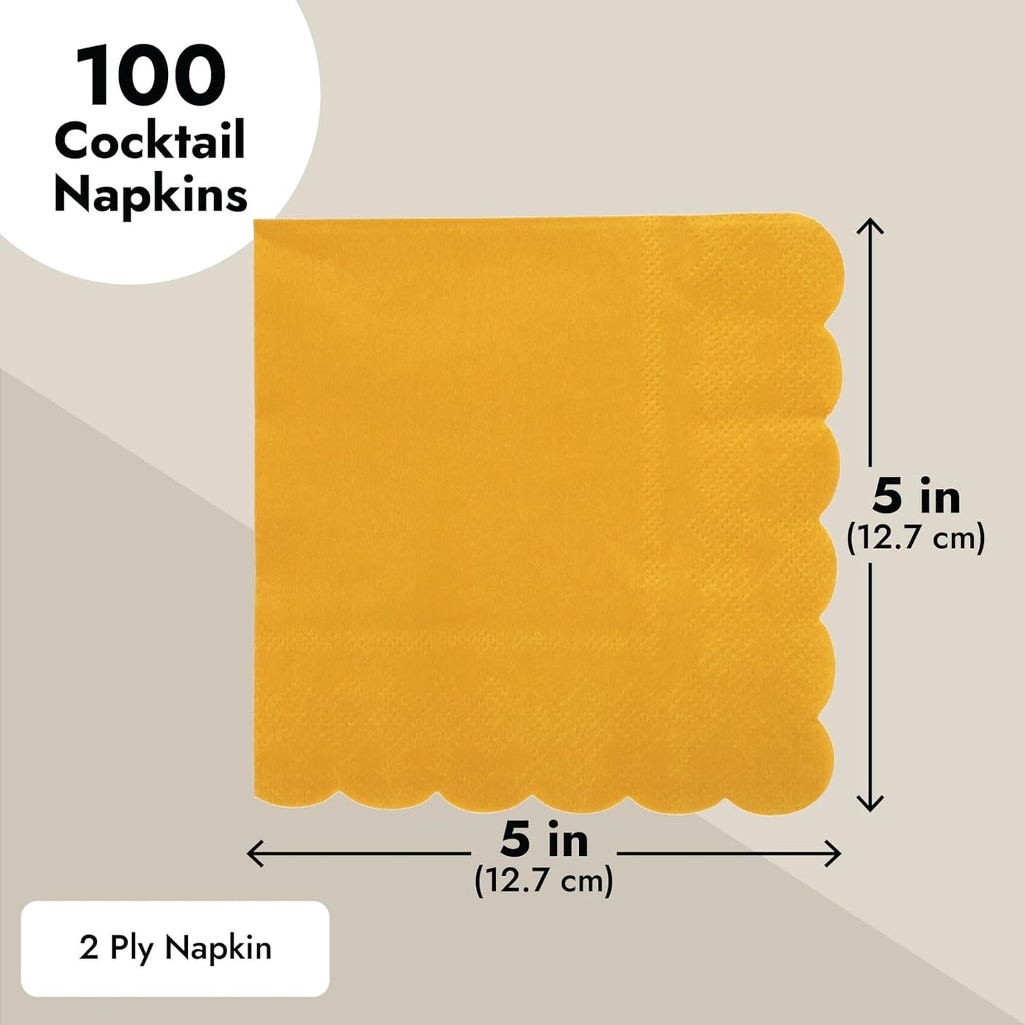 Mustard Yellow Cocktail Napkins - 5 x 5 In, 2-Ply & 100 Pack - Scalloped Edges, Absorbent Disposable Paper Napkins for Parties & Gatherings