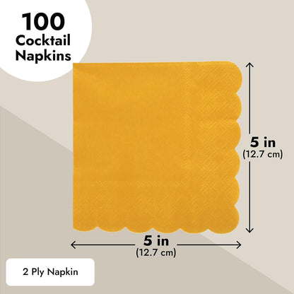 Mustard Yellow Cocktail Napkins - 5 x 5 In, 2-Ply & 100 Pack - Scalloped Edges, Absorbent Disposable Paper Napkins for Parties & Gatherings