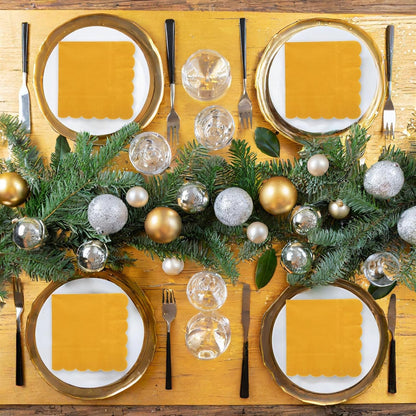 Mustard Yellow Cocktail Napkins - 5 x 5 In, 2-Ply & 100 Pack - Scalloped Edges, Absorbent Disposable Paper Napkins for Parties & Gatherings