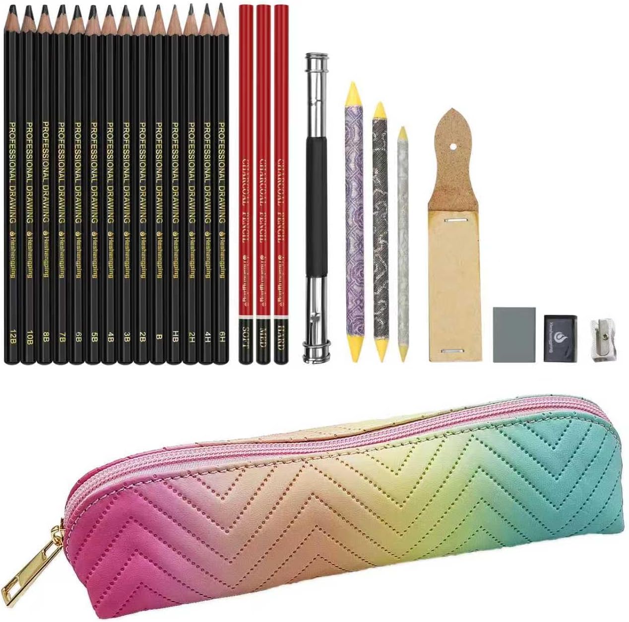 Sketching Pencil Drawing Pencils Set-26pcs, Art Supplies Drawing Kit,Graphite Charcoal Pro Draw Pencil Set,gift for Adults Beginners Artist for drawing sketching with Yellow Case