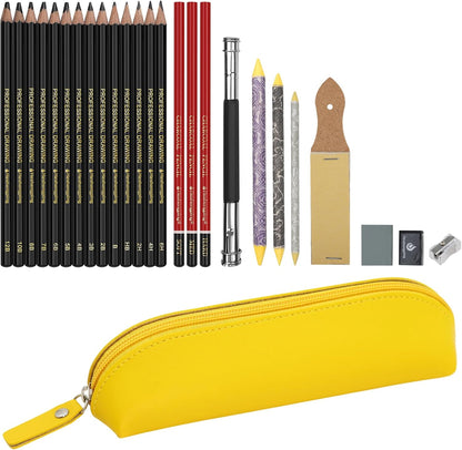 Sketching Pencil Drawing Pencils Set-26pcs, Art Supplies Drawing Kit,Graphite Charcoal Pro Draw Pencil Set,gift for Adults Beginners Artist for drawing sketching with Yellow Case
