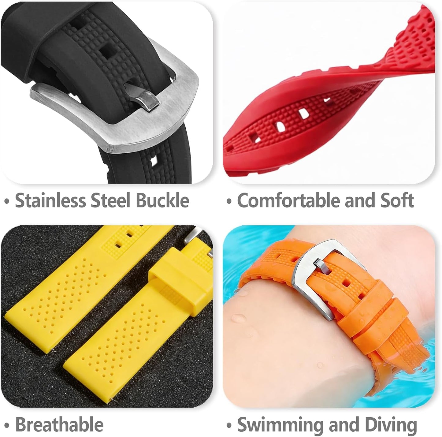 Silicone Watch Bands 16mm 18mm 20mm 22mm 24mm Replacement Rubber Diving Watch Straps Waterproof Sport with Stainless Steel Buckle Unisex for Men and Women