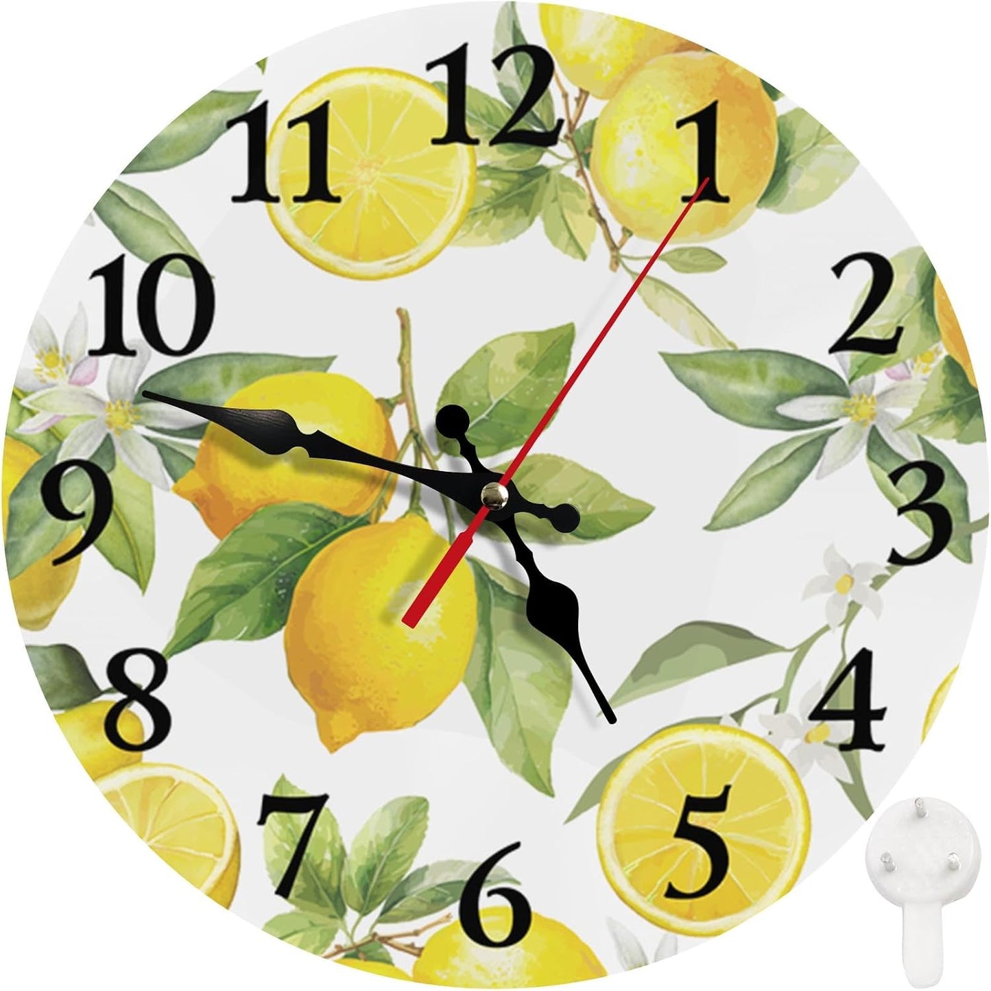 Round Wall Clock Silent Non-Ticking 12", Lemon Summer | Floral Botanical Home Decor Battery Operated Clock for Living Room, Kitchen, Bedroom, and Office