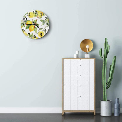 Round Wall Clock Silent Non-Ticking 12", Lemon Summer | Floral Botanical Home Decor Battery Operated Clock for Living Room, Kitchen, Bedroom, and Office