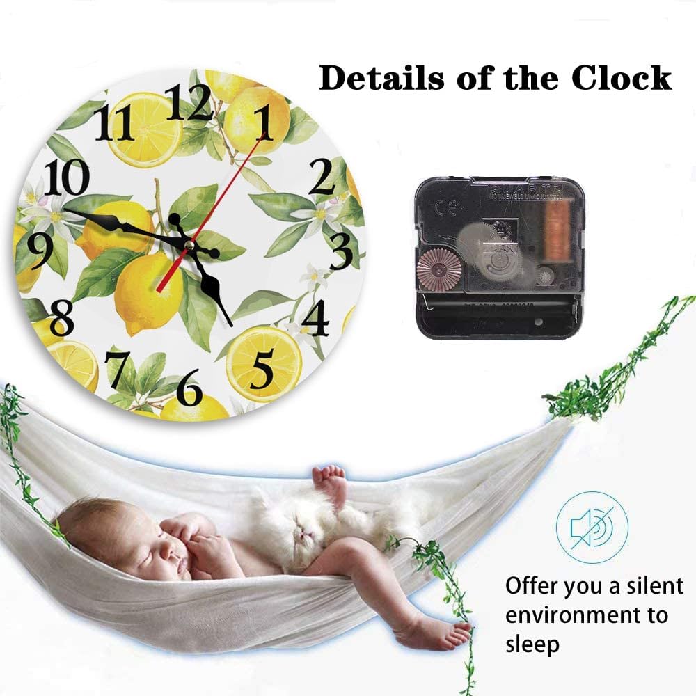 Round Wall Clock Silent Non-Ticking 12", Lemon Summer | Floral Botanical Home Decor Battery Operated Clock for Living Room, Kitchen, Bedroom, and Office