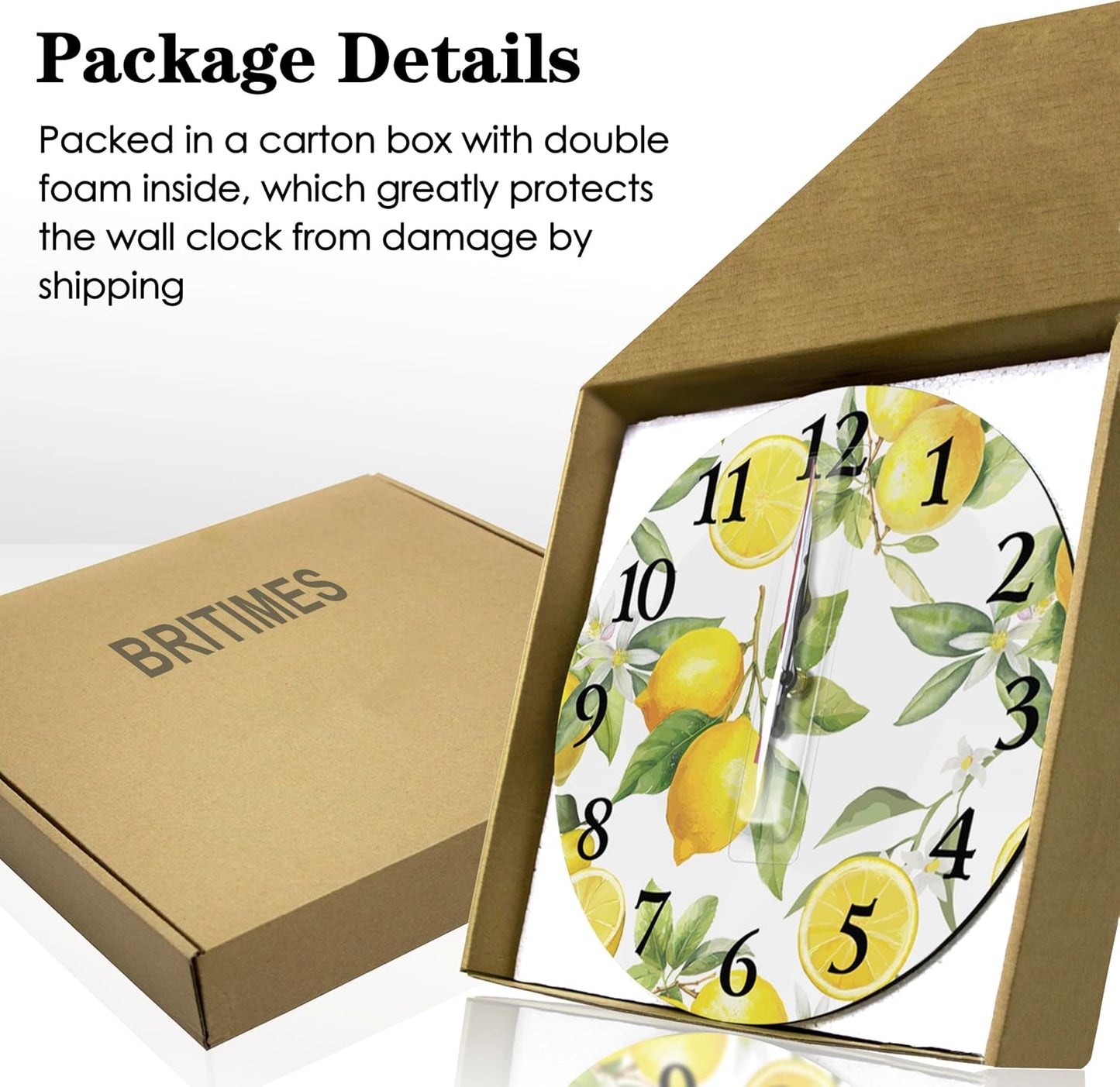 Round Wall Clock Silent Non-Ticking 12", Lemon Summer | Floral Botanical Home Decor Battery Operated Clock for Living Room, Kitchen, Bedroom, and Office