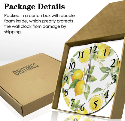 Round Wall Clock Silent Non-Ticking 12", Lemon Summer | Floral Botanical Home Decor Battery Operated Clock for Living Room, Kitchen, Bedroom, and Office