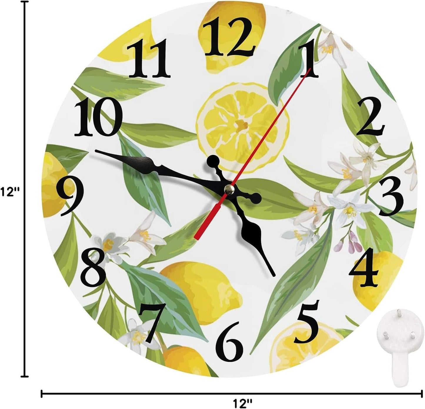 Round Wall Clock Silent Non-Ticking 12", Lemon Summer | Floral Botanical Home Decor Battery Operated Clock for Living Room, Kitchen, Bedroom, and Office