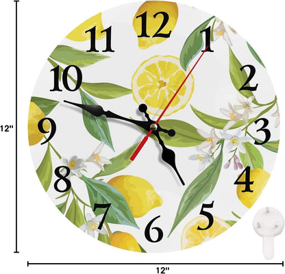 Round Wall Clock Silent Non-Ticking 12", Lemon Summer | Floral Botanical Home Decor Battery Operated Clock for Living Room, Kitchen, Bedroom, and Office