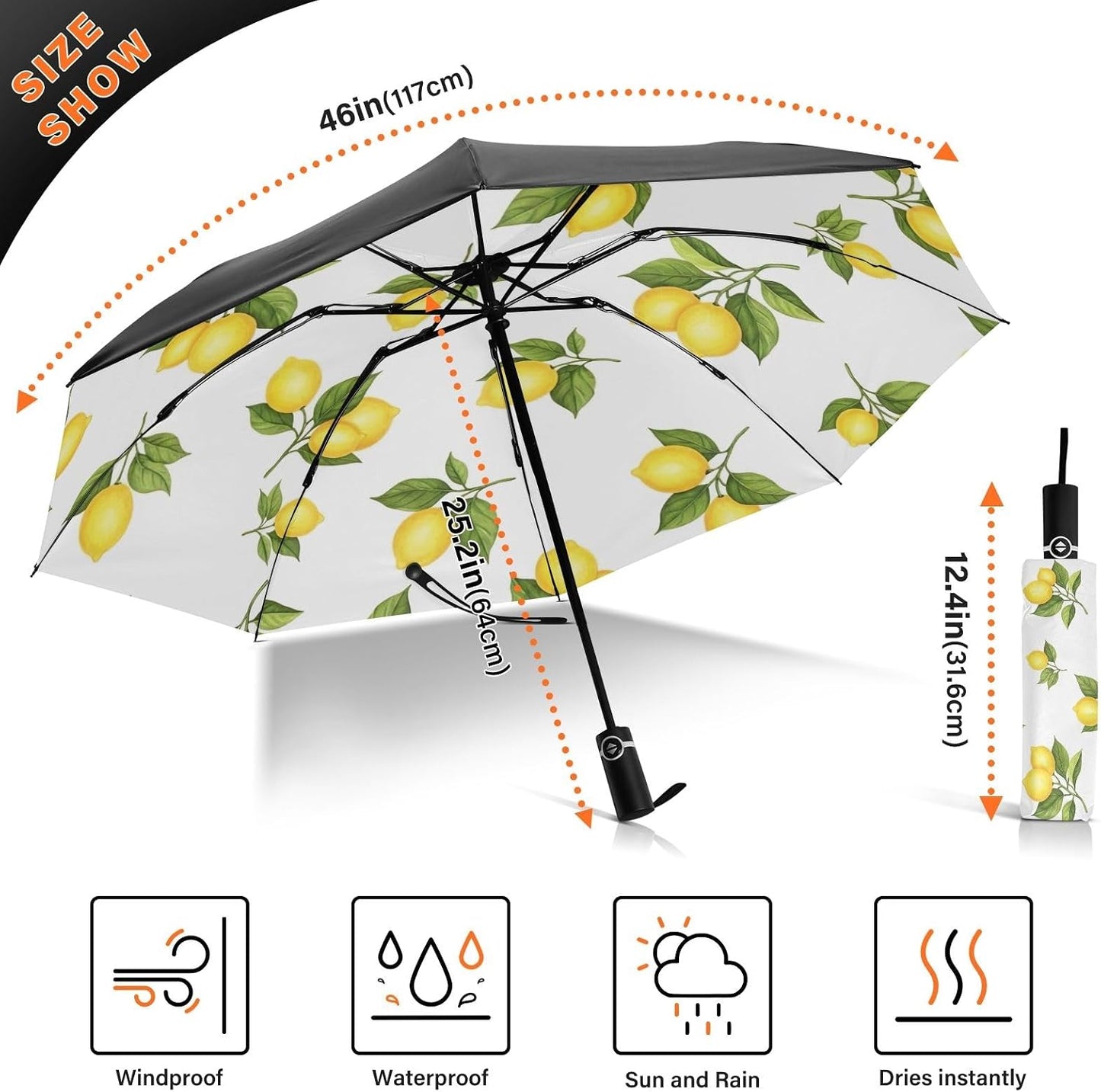Yellow Lemons Folding Umbrella Compact Automatic Open Close, Windproof Travel Umbrella for Sun and Rain, Lightweight Portable Umbrella for Men and Women