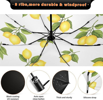 Yellow Lemons Folding Umbrella Compact Automatic Open Close, Windproof Travel Umbrella for Sun and Rain, Lightweight Portable Umbrella for Men and Women