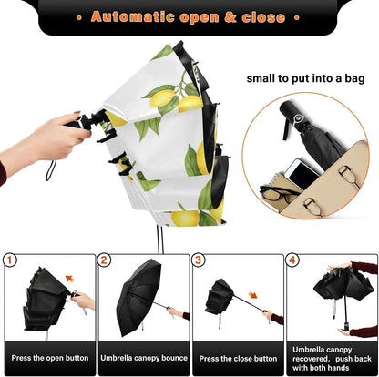 Yellow Lemons Folding Umbrella Compact Automatic Open Close, Windproof Travel Umbrella for Sun and Rain, Lightweight Portable Umbrella for Men and Women
