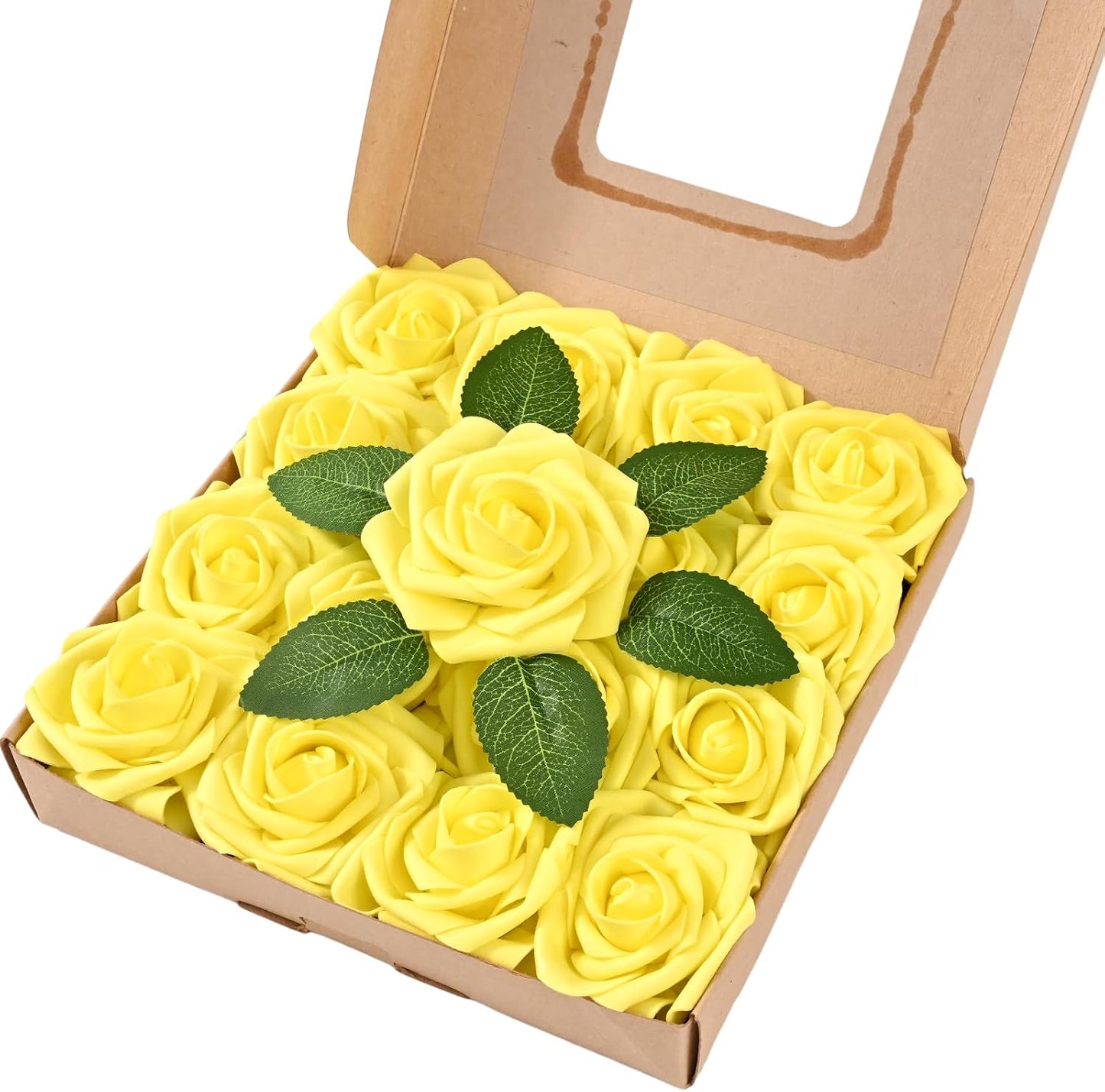 16 Pcs Foam Fake Roses with Stems, Artificial Flowers for Wedding | Yellow Real Touch Boxed Foam Roses for Bridal Shower Table Centerpieces, Party Arrangements, Cake Decorations, DIY Bouquets