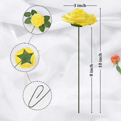 16 Pcs Foam Fake Roses with Stems, Artificial Flowers for Wedding | Yellow Real Touch Boxed Foam Roses for Bridal Shower Table Centerpieces, Party Arrangements, Cake Decorations, DIY Bouquets