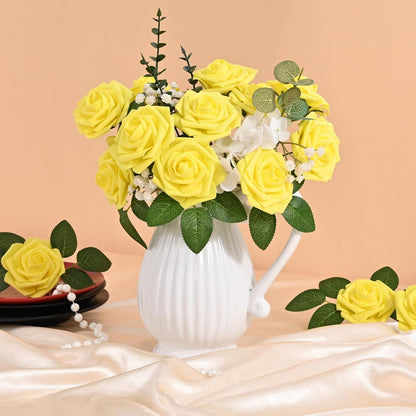 16 Pcs Foam Fake Roses with Stems, Artificial Flowers for Wedding | Yellow Real Touch Boxed Foam Roses for Bridal Shower Table Centerpieces, Party Arrangements, Cake Decorations, DIY Bouquets