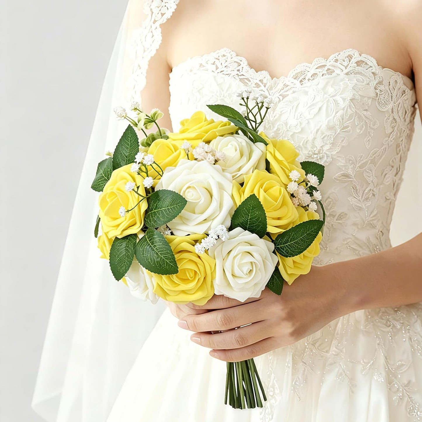 16 Pcs Foam Fake Roses with Stems, Artificial Flowers for Wedding | Yellow Real Touch Boxed Foam Roses for Bridal Shower Table Centerpieces, Party Arrangements, Cake Decorations, DIY Bouquets