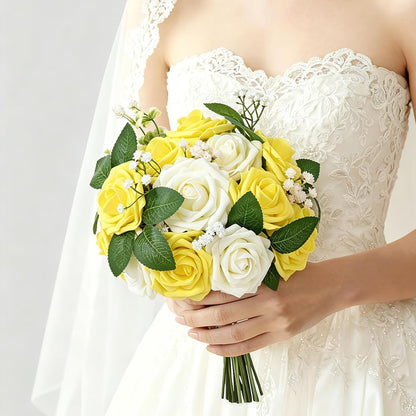 16 Pcs Foam Fake Roses with Stems, Artificial Flowers for Wedding | Yellow Real Touch Boxed Foam Roses for Bridal Shower Table Centerpieces, Party Arrangements, Cake Decorations, DIY Bouquets
