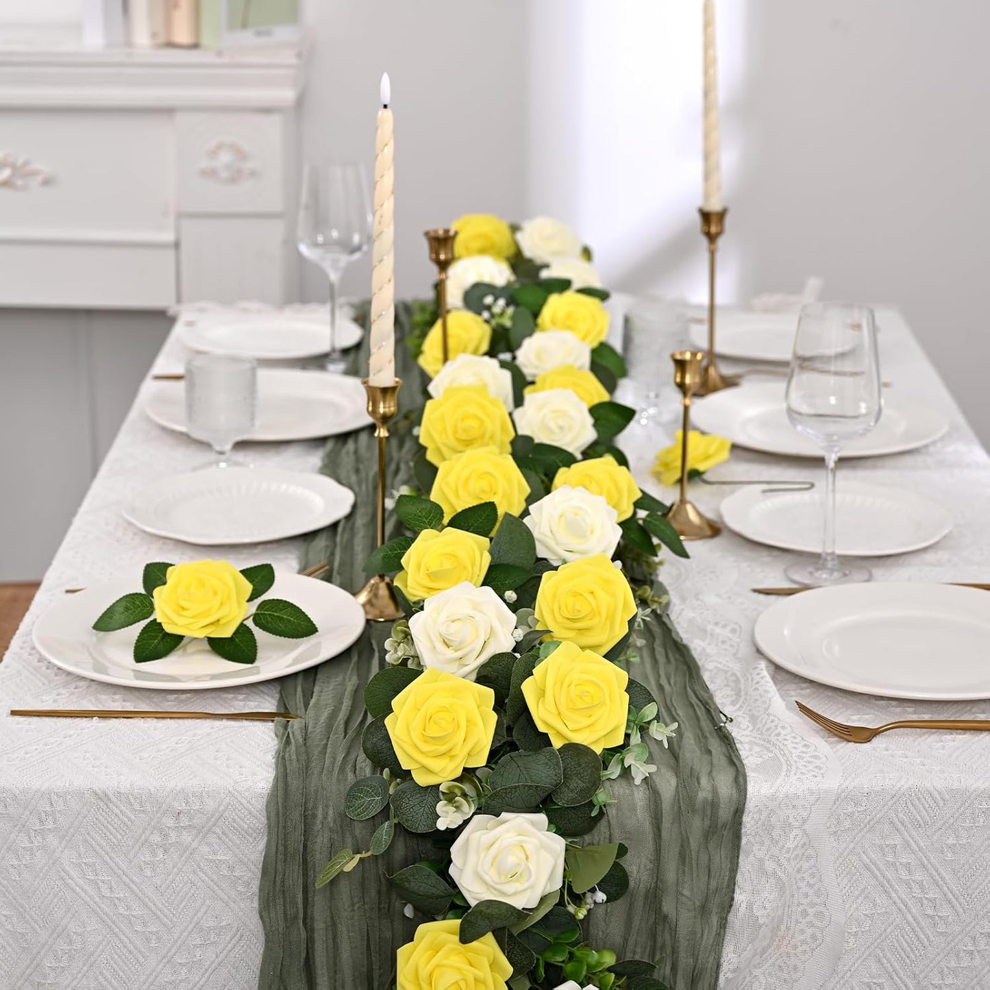 16 Pcs Foam Fake Roses with Stems, Artificial Flowers for Wedding | Yellow Real Touch Boxed Foam Roses for Bridal Shower Table Centerpieces, Party Arrangements, Cake Decorations, DIY Bouquets