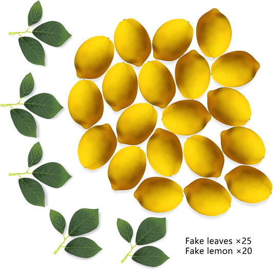 20Pcs Fake Lemons Artificial Fruits with 25 Leaves Faux Yellow Lifelike Plastic Lemon Decorations Realistic Limes Fruit Decor for Home Kitchen Table Cabinet Holiday Party Photography Props