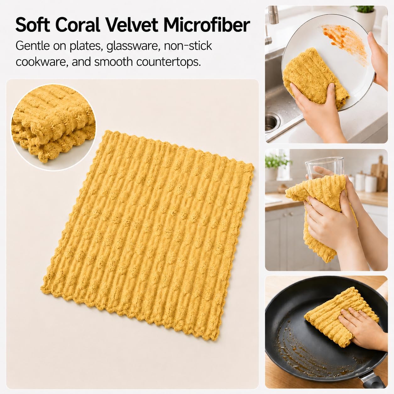 Microfiber Dish Cloths for Kitchen, 12 Pack 12 x 12 Inch Coral Velvet Kitchen Cleaning Cloths, Absorbent Reusable Non-Scratch Dish Rags for Dishes, Countertops & Sink
