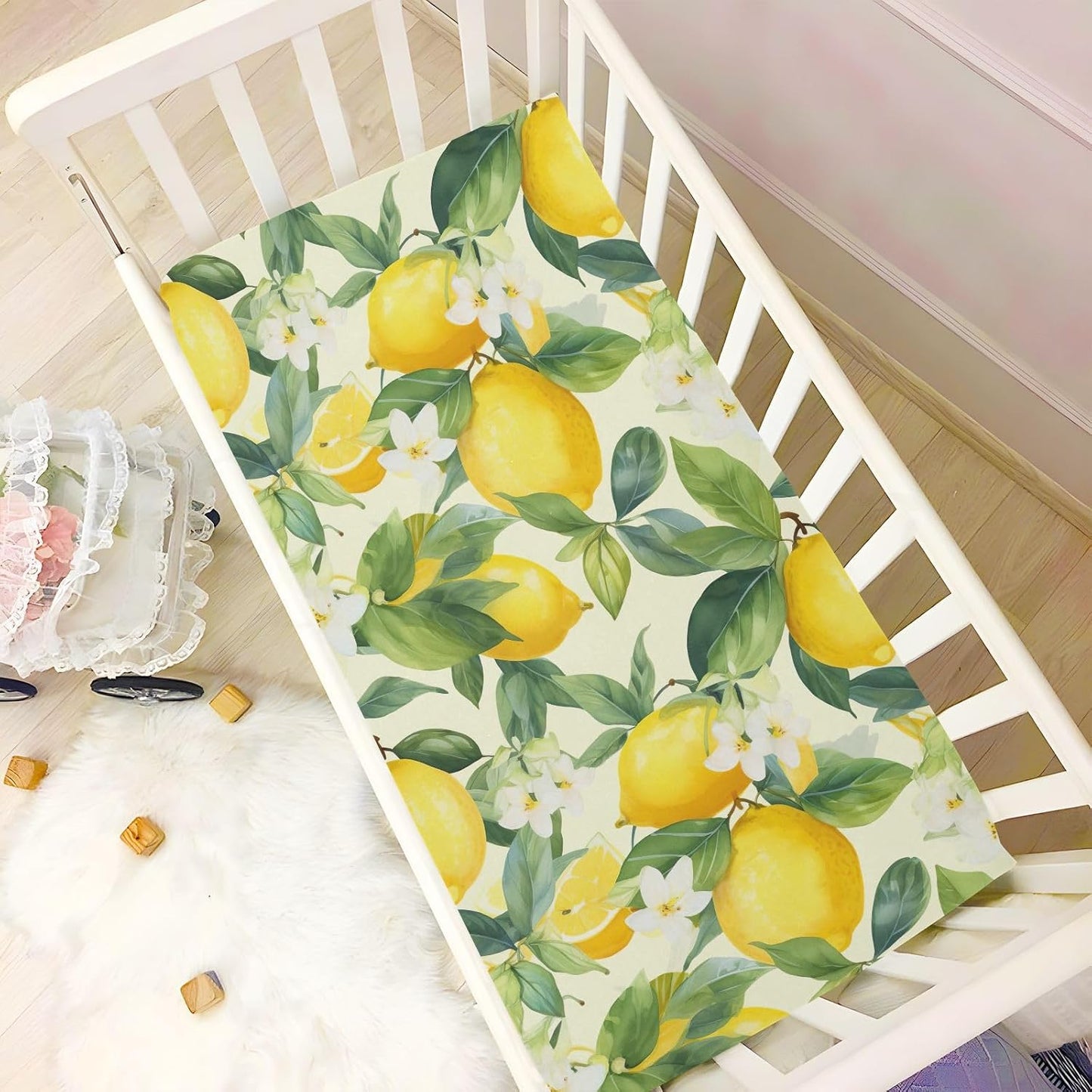 Floral Lemons Flowers Yellow Fitted Crib Sheets for Pack and Play Playard Sheet for Daycare with Soft and Breathable Material Baby Bed Sheets for Baby Boys Girls (52" x 28")