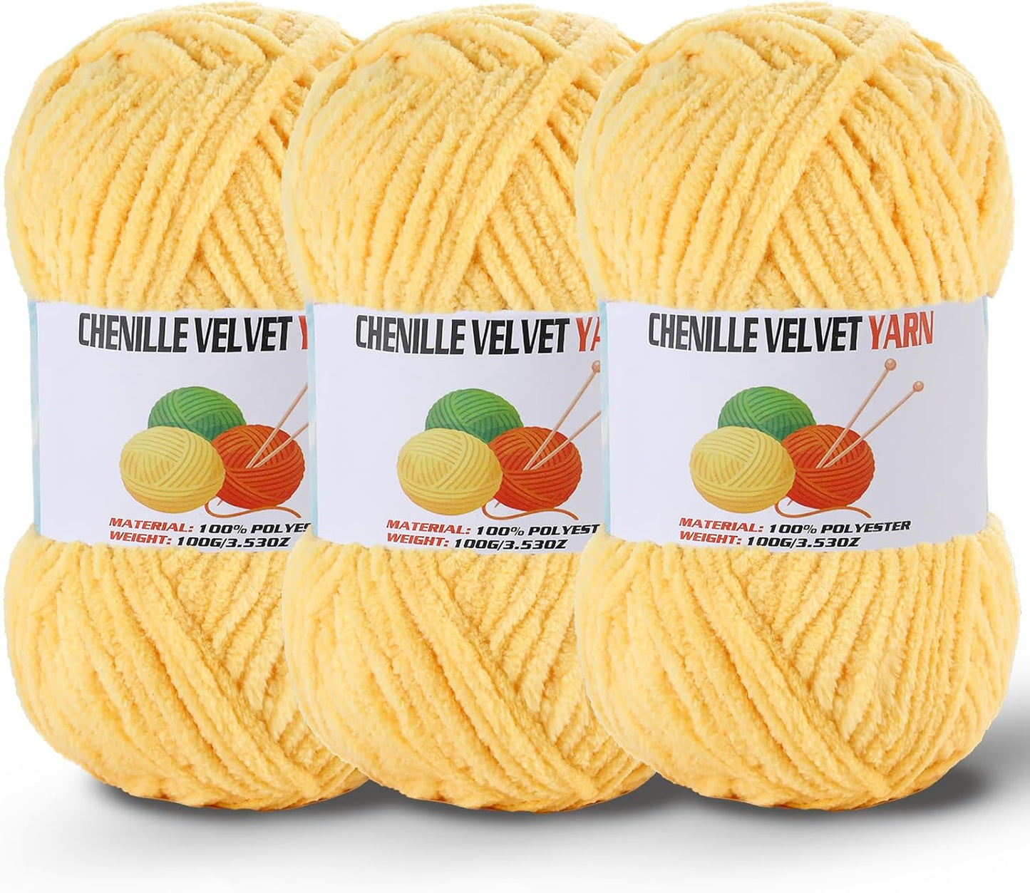 3 * 100g/3.5oz Fluffy Chenille Yarn for Crocheting, Chunky Velvet Yarn for Crochet Amigurumi, Used for Making Baby Yarns Blanket, Clothes, Pattern Knitting Creations (Yellow)