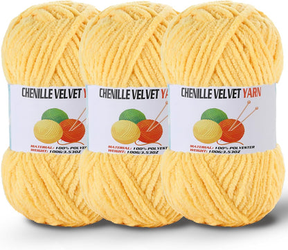 3 * 100g/3.5oz Fluffy Chenille Yarn for Crocheting, Chunky Velvet Yarn for Crochet Amigurumi, Used for Making Baby Yarns Blanket, Clothes, Pattern Knitting Creations (Yellow)