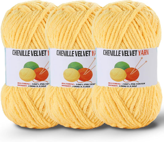 3 * 100g/3.5oz Fluffy Chenille Yarn for Crocheting, Chunky Velvet Yarn for Crochet Amigurumi, Used for Making Baby Yarns Blanket, Clothes, Pattern Knitting Creations (Yellow)