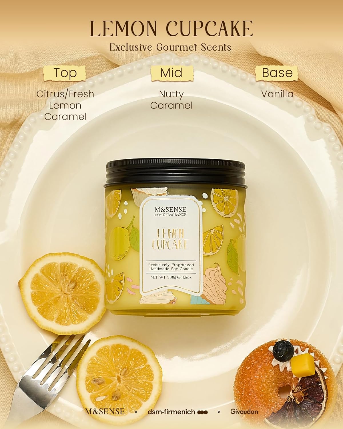 Lemon Vanilla Cupcake Scented Candle, 11.6oz Natural Soy Wax, 70 Hours Long Lasting Clean Burn, Citrus Vanilla Scents for Kitchen Freshness, Candle Gifts for Women Men, Warm Home Decor