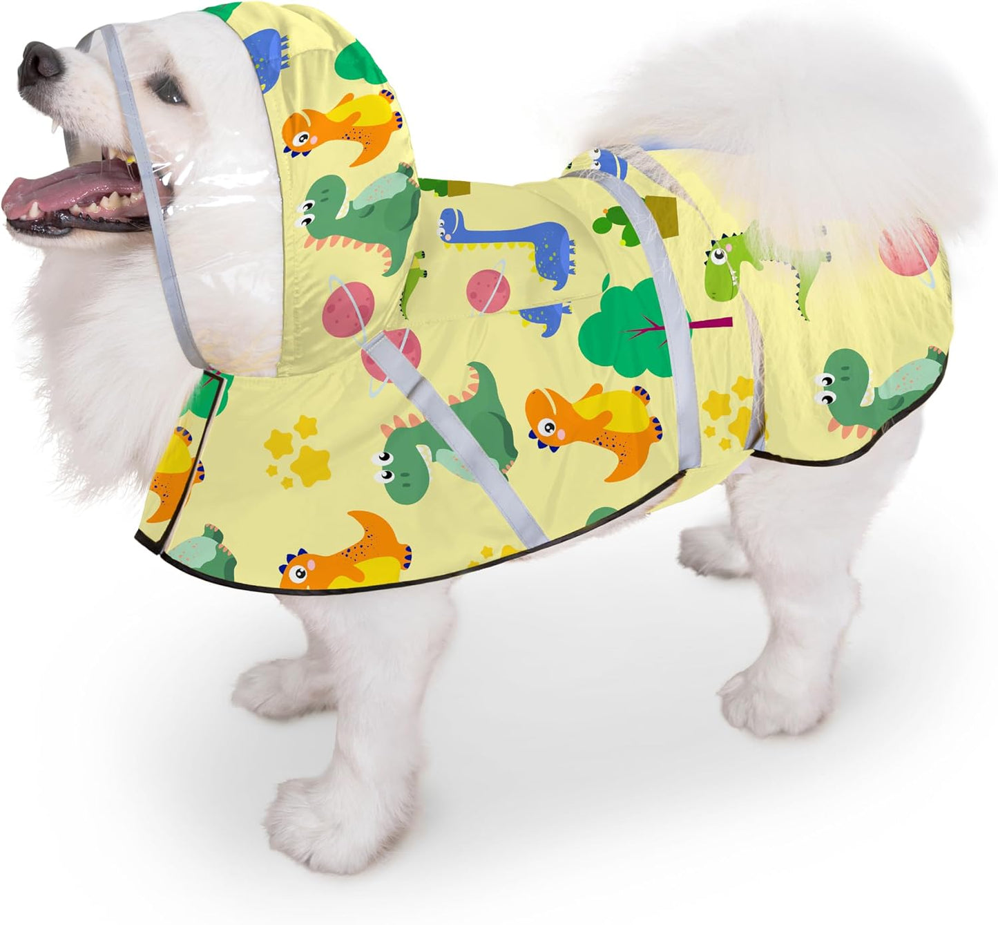 Dog Raincoat, Adjustable Rain Jacket with Hooded Double Layer for Large Medium Small Dogs Puppies, Lightweight Waterproof Rain Coat Poncho with Reflective Stripe Dinosaurs Yellow,M