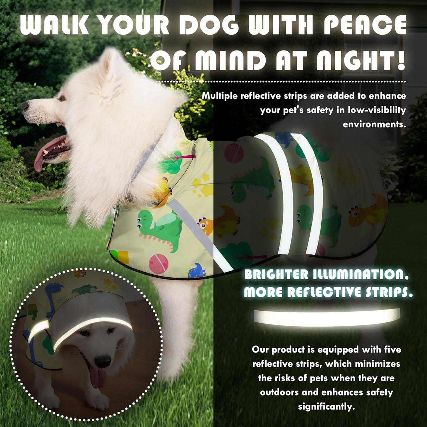 Dog Raincoat, Adjustable Rain Jacket with Hooded Double Layer for Large Medium Small Dogs Puppies, Lightweight Waterproof Rain Coat Poncho with Reflective Stripe Dinosaurs Yellow,M