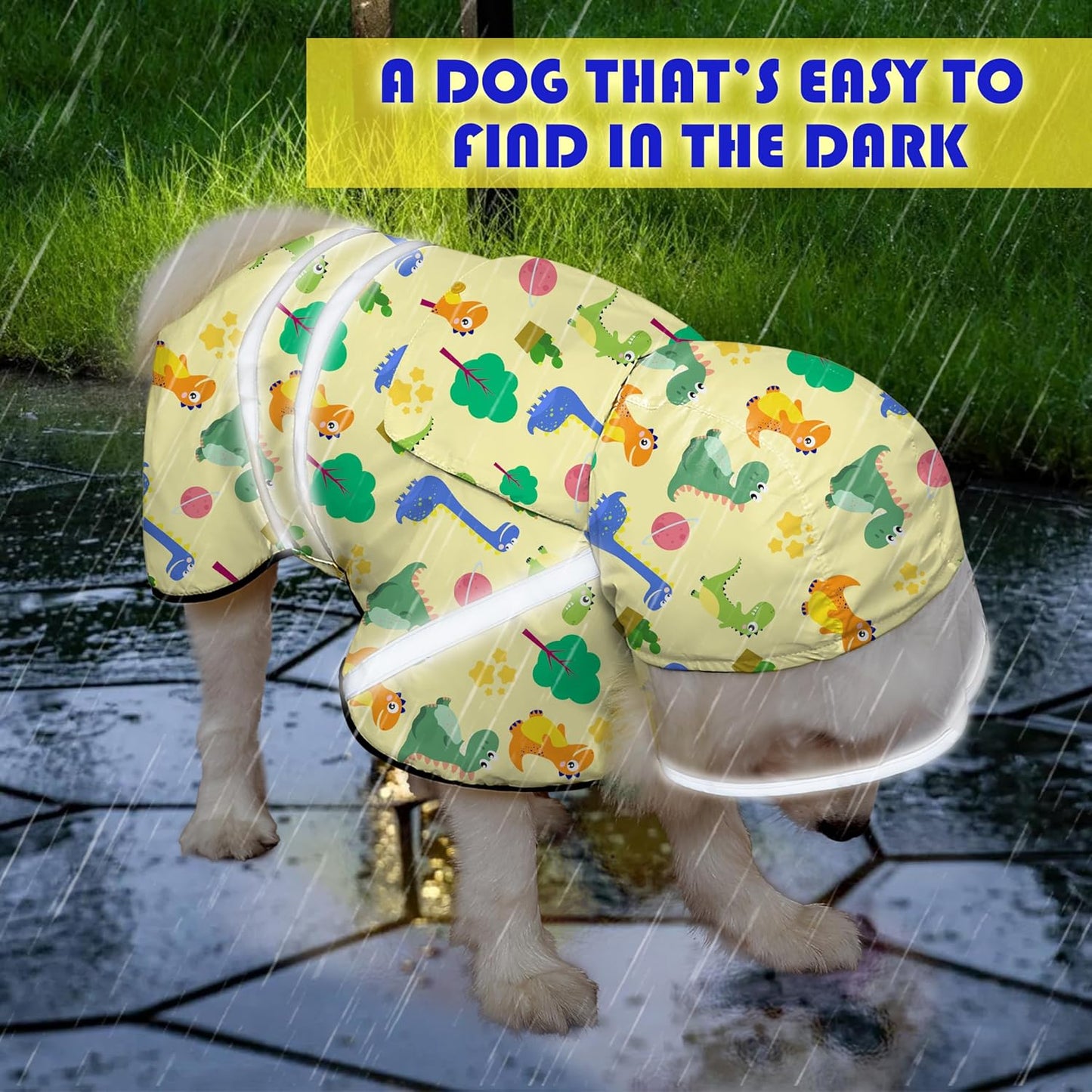 Dog Raincoat, Adjustable Rain Jacket with Hooded Double Layer for Large Medium Small Dogs Puppies, Lightweight Waterproof Rain Coat Poncho with Reflective Stripe Dinosaurs Yellow,M