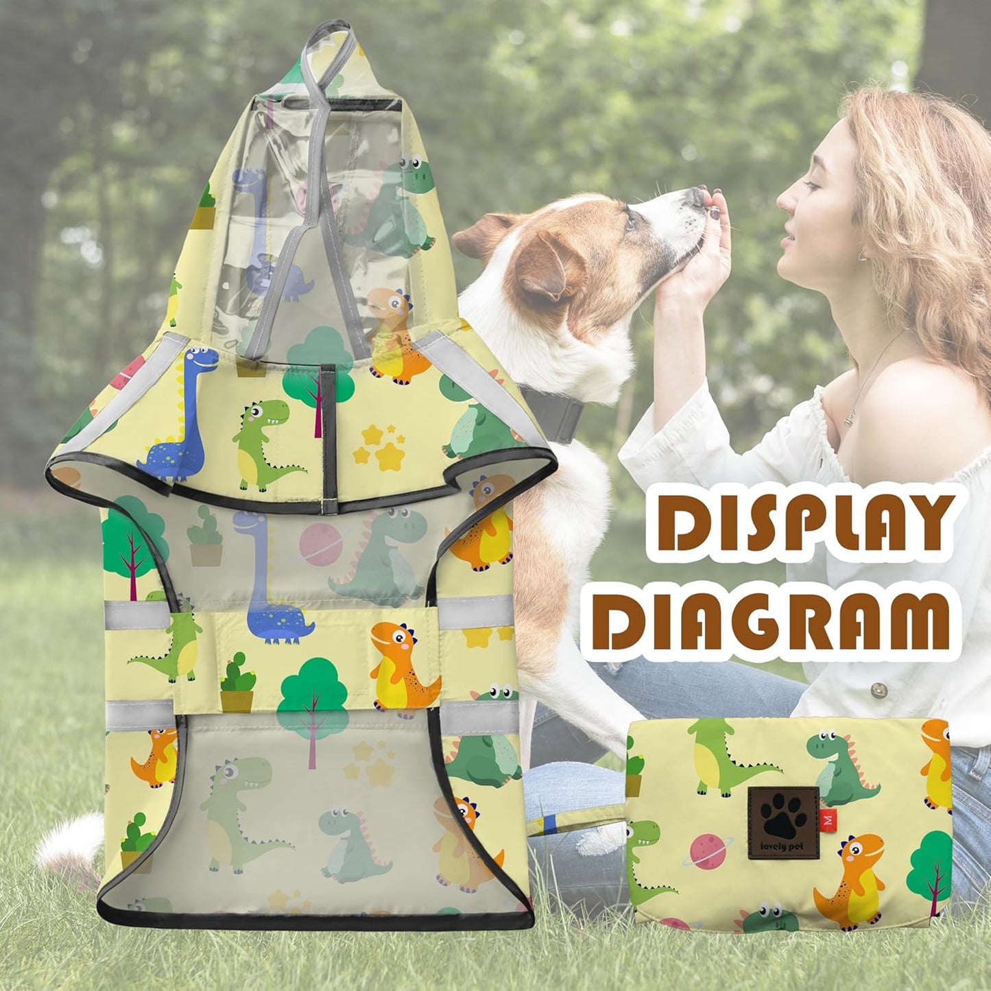 Dog Raincoat, Adjustable Rain Jacket with Hooded Double Layer for Large Medium Small Dogs Puppies, Lightweight Waterproof Rain Coat Poncho with Reflective Stripe Dinosaurs Yellow,M